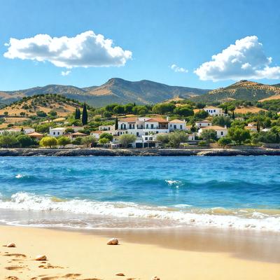 The primary subject of the image is a beautiful beach scene with a large house situated on the shore. The house is surrounded by a lush green hillside, creating a picturesque view. The setting is a beach with a body of water, possibly a lake or a sea. The visual style of the image is a photo, capturing the natural beauty of the location. The colors and mood of the scene are vibrant and serene, with the blue water and greenery providing a calming atmosphere.